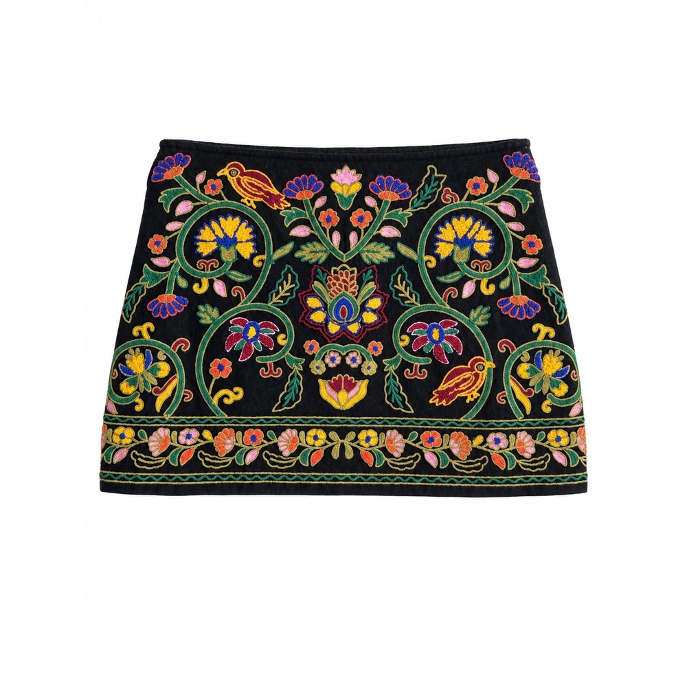 Zara Woman Size 2 Embroidered Floral Bird Mini Skirt Black Boho - Picture 2 of 6